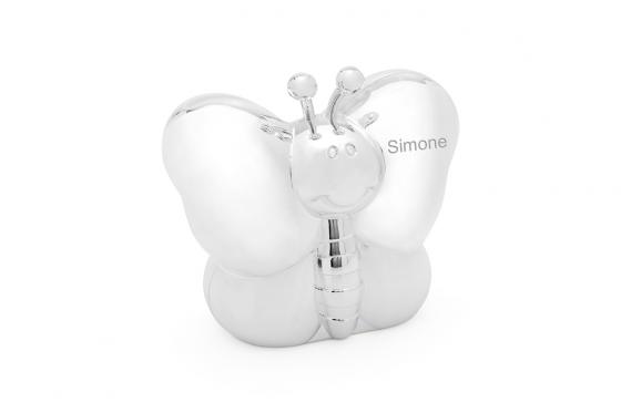 Tirelire papillon - argentée, avec gavure  