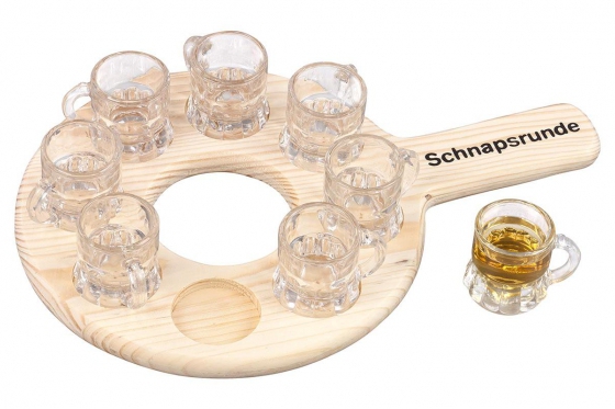 Schnapsrunde aus Holz - mit 8 Schnapsgläsern  